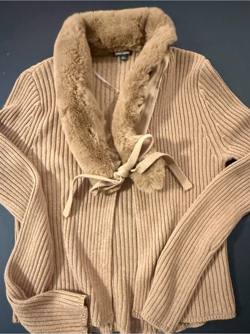 Wild Fable Camel Ribbed Faux-Fur Collar Tie-Front Cardigan
